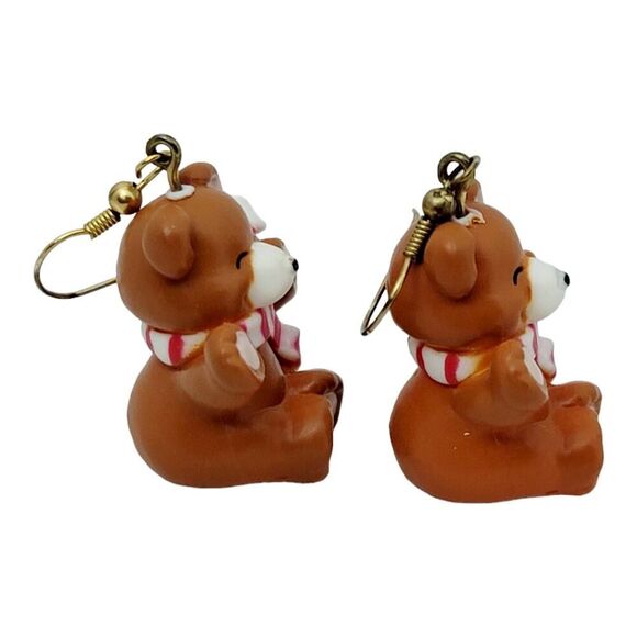 Vintage Small Resin Teddy Bear Earrings Wearing Candy Cane Scarf Christmas - Picture 4 of 6